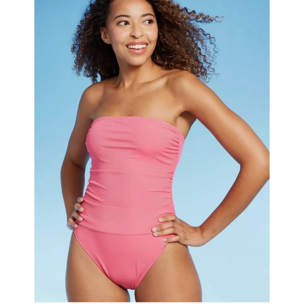 Shade & Shore Pink Ribbed One Piece Swimsuit High Leg Cheeky Bandeau M 8-10 NWT